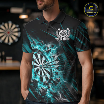 Custom Turquoise Flame And Lightning Dartboard Matching Dart Team Polo Shirt For Men IPHW12545