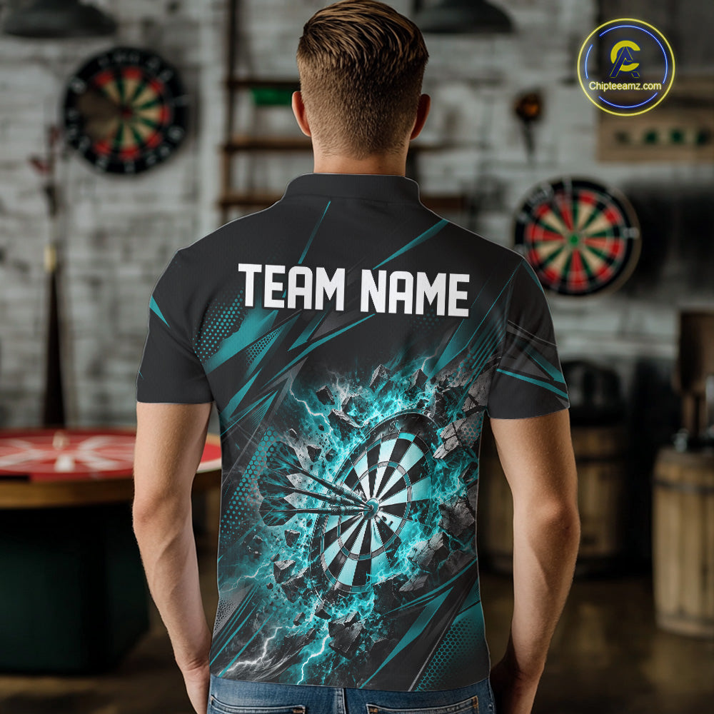 Custom Turquoise Flame And Lightning Dartboard Matching Dart Team Polo Shirt For Men IPHW12545