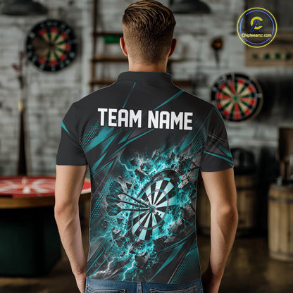 Custom Turquoise Flame And Lightning Dartboard Matching Dart Team Polo Shirt For Men IPHW12545