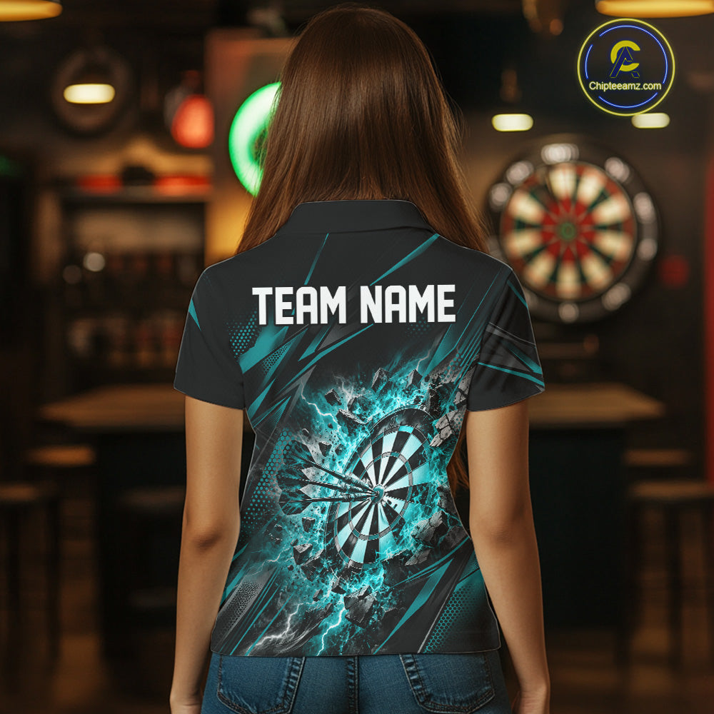 Custom Turquoise Flame And Lightning Dartboard Matching Dart Team Polo Shirt For Women IPHW12545