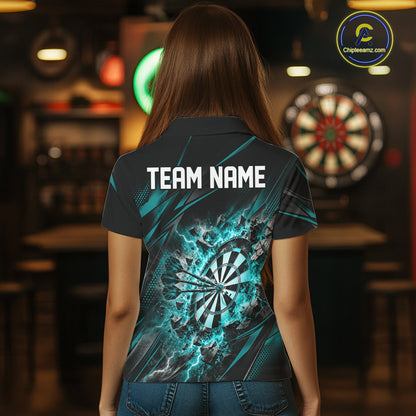 Custom Turquoise Flame And Lightning Dartboard Matching Dart Team Polo Shirt For Women IPHW12545