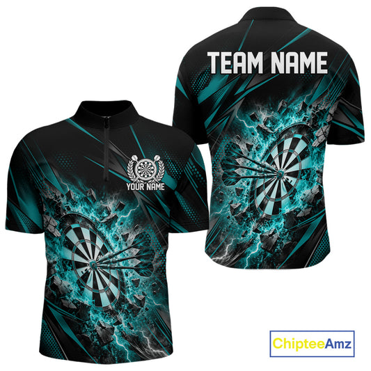 Custom Turquoise Flame And Lightning Dartboard Matching Dart Team Quarter Zip Shirt For Men IPHW12545