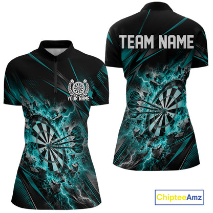 Custom Turquoise Flame And Lightning Matching Dart Team Quarter-Zip Shirt For Women IPHW12545