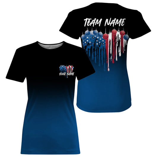 Custom Blue Patriotic Heart Pickleball T-Shirts For Women, US Flag Pickleball Team Shirt IPHW8130