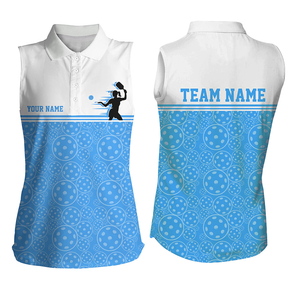 Custom Blue Pickleball Women's Sleeveless Polo Shirts, Pickleball Pattern Ladies Team Uniform IPHW8131