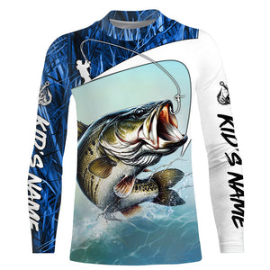 Personalized Largemouth Bass Long Sleeve Tournament Fishing Shirts, Bass Fishing Jerseys | Blue Camo IPHW5761