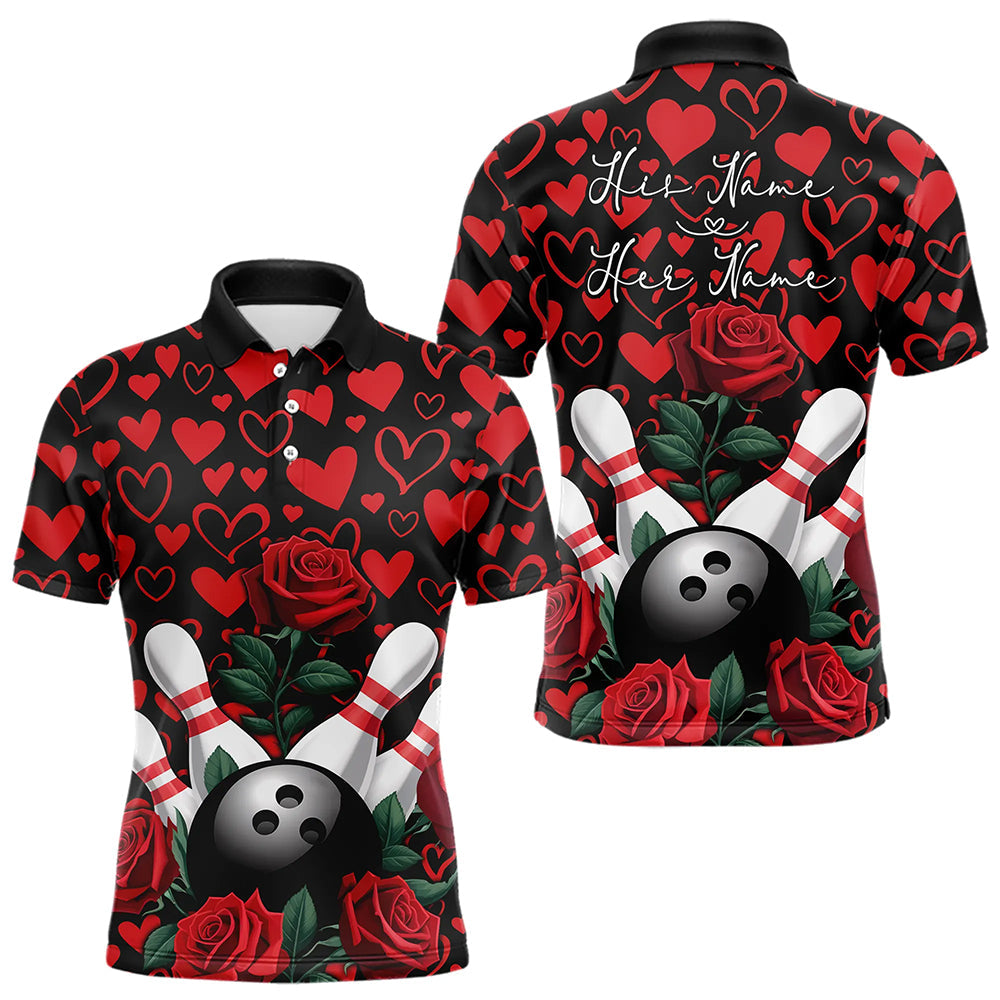 Black And Red Heart Theme Custom Valentines Bowling Polo Shirt For Men, Couple Bowling Shirt IPHW8356