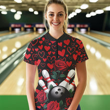 Load image into Gallery viewer, Black And Red Heart Custom Valentines Bowling Quarter-Zip Shirt For Women, Couple Bowling IPHW8356