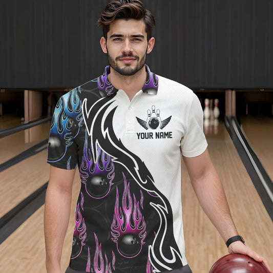 Pink Purple Blue Flame Ball Custom Bowling Team Men Polo Shirts, Fire Bowling League Shirt IPHW8864