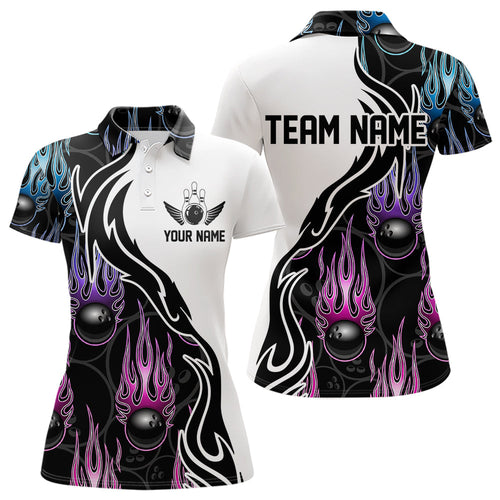 Pink Purple Blue Flame Ball Custom Bowling Team Women Polo Shirt, Fire Bowling League Shirt IPHW8864
