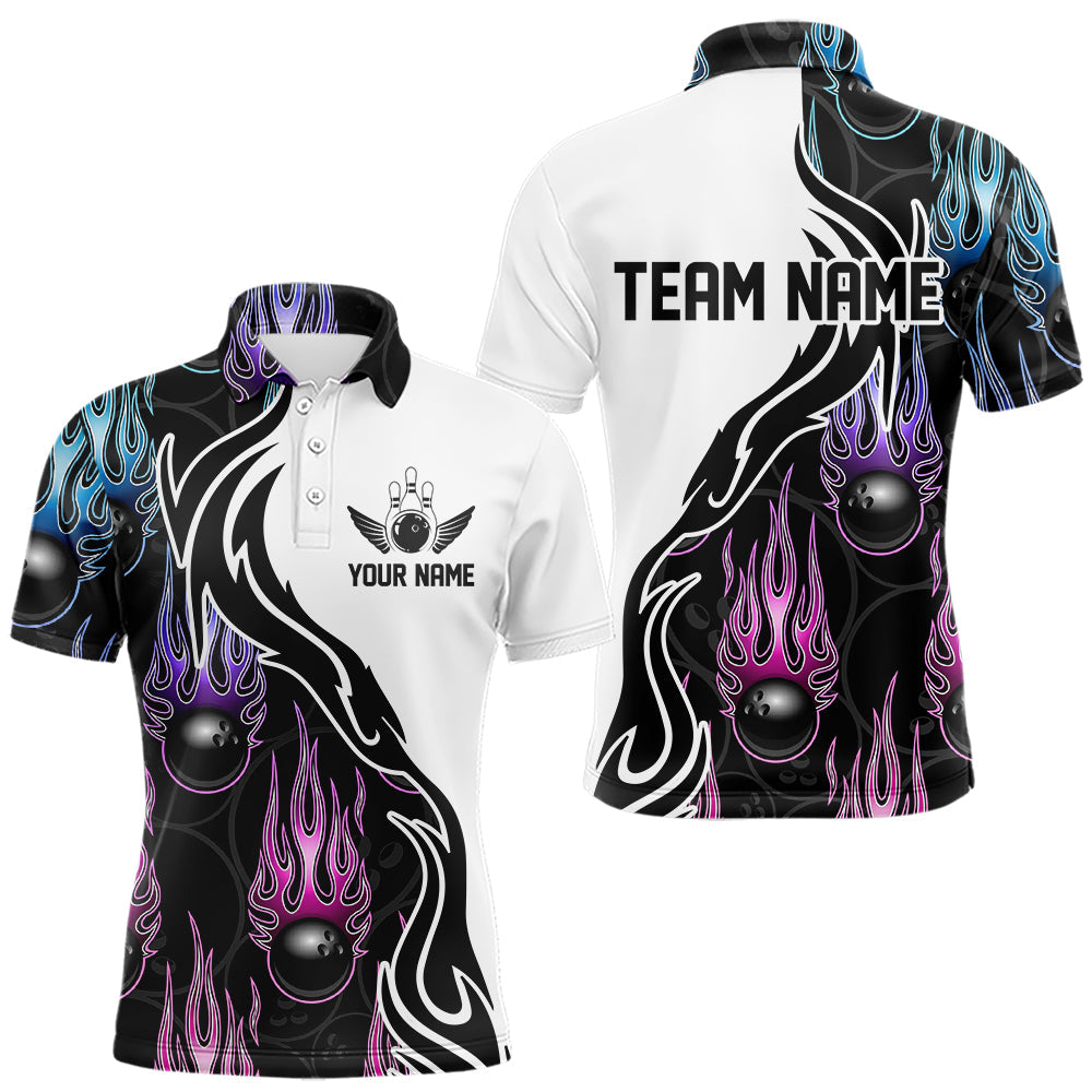 Pink Purple Blue Flame Ball Custom Bowling Team Men Polo Shirts, Fire Bowling League Shirt IPHW8864