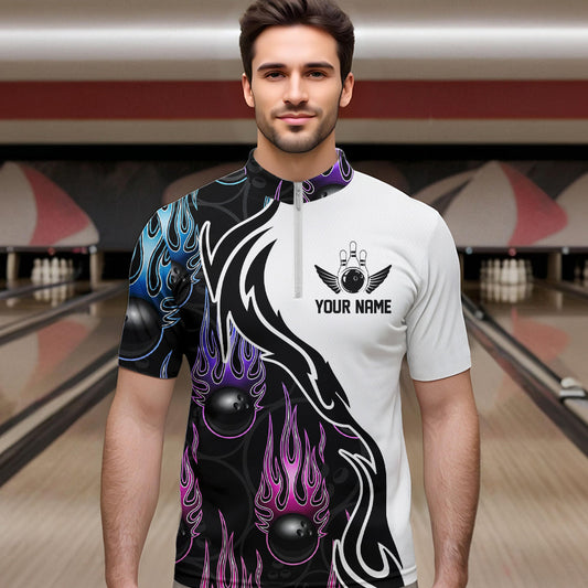Pink Purple Blue Flame Ball Custom Bowling Team Men Quarter-Zip Shirts, Fire Bowling League Shirt IPHW8864