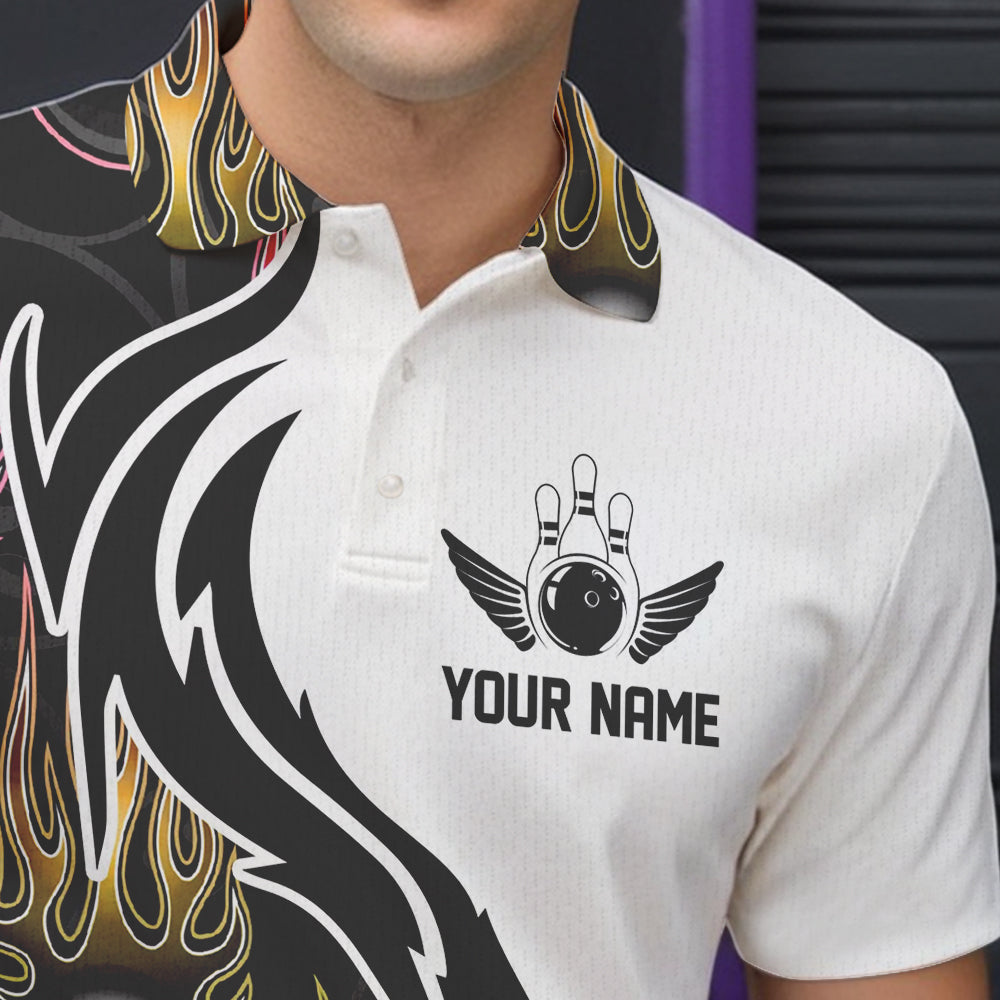 Colorful Rainbow Flame Ball Custom Bowling Team Men Polo Shirts, Fire Bowling League Shirt IPHW8865