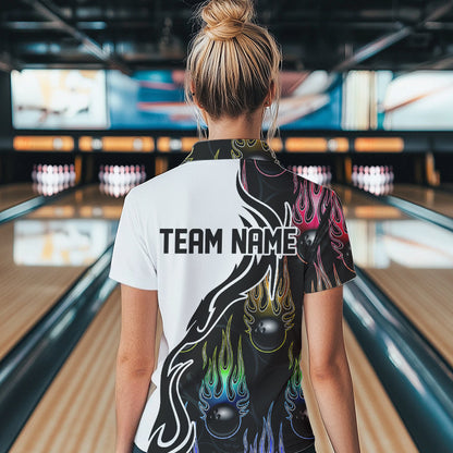 Colorful Rainbow Flame Ball Custom Bowling Team Women Polo Shirt, Fire Bowling League Shirt IPHW8865
