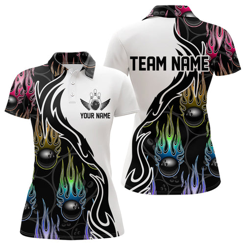 Colorful Rainbow Flame Ball Custom Bowling Team Women Polo Shirt, Fire Bowling League Shirt IPHW8865