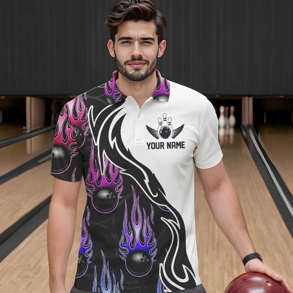 Blue Purple Pink Flame Ball Custom Bowling Team Men Polo Shirts, Fire Bowling League Shirt IPHW8866