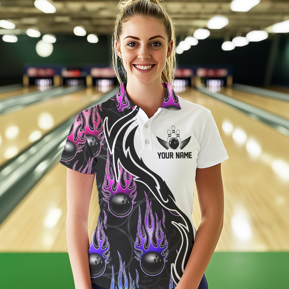 Blue Purple Pink Flame Ball Custom Bowling Team Women Polo Shirt, Fire Bowling League Shirt IPHW8866