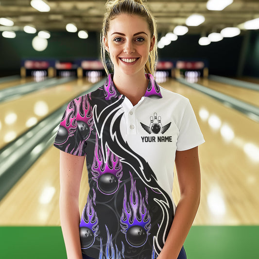 Blue Purple Pink Flame Ball Custom Bowling Team Women Polo Shirt, Fire Bowling League Shirt IPHW8866