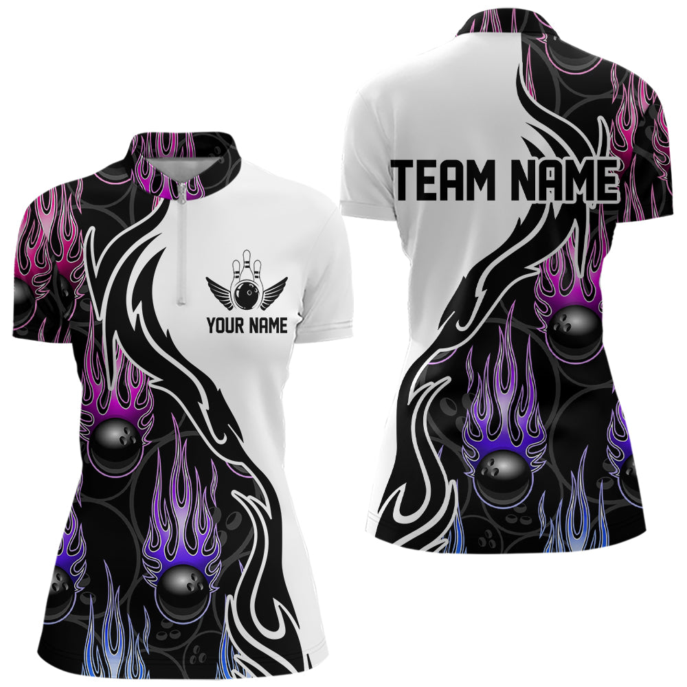 Blue Purple Pink Flame Ball Custom Bowling Women Quarter-Zip Shirts, Bowling League Shirt IPHW8866