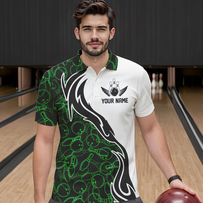 Black And Green Bowling Pattern Custom Bowling Team Men Polo Shirts, Bowling League Shirt IPHW8867