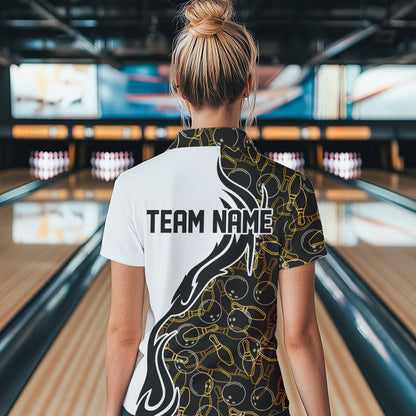 Black And Yellow Bowling Pattern Custom Bowling Team Women Polo Shirt, Bowling League Shirt IPHW8868