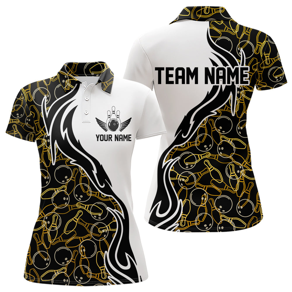 Black And Yellow Bowling Pattern Custom Bowling Team Women Polo Shirt, Bowling League Shirt IPHW8868