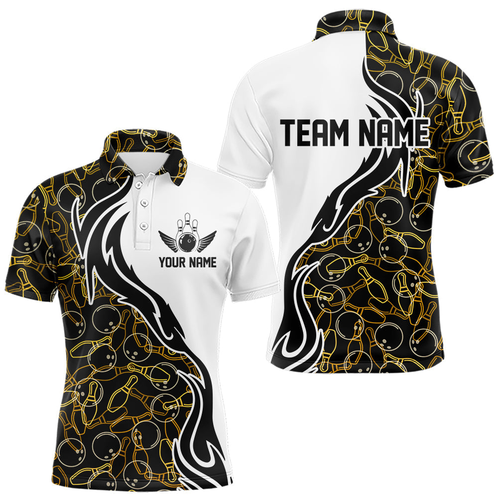 Black And Yellow Bowling Pattern Custom Bowling Team Men Polo Shirts, Bowling League Shirt IPHW8868