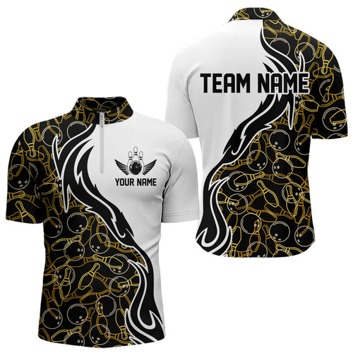 Black And Yellow Bowling Pattern Custom Bowling Team Men Quarter-Zip Shirts, Bowling League Shirt IPHW8868