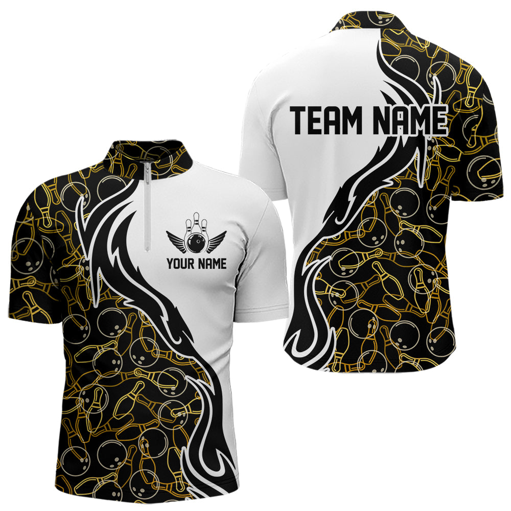 Black And Yellow Bowling Pattern Custom Bowling Team Men Quarter-Zip Shirts, Bowling League Shirt IPHW8868