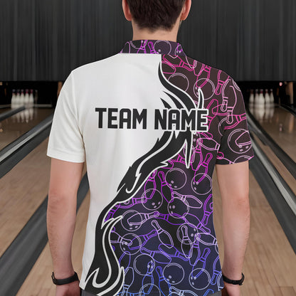 Blue Purple Pink Bowling Pattern Custom Bowling Team Men Polo Shirts, Bowling League Shirt IPHW8869