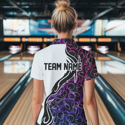 Blue Purple Pink Bowling Pattern Custom Bowling Team Women Polo Shirt, Bowling League Shirt IPHW8869