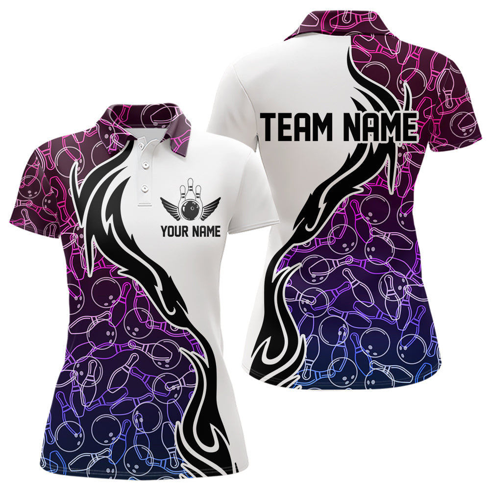 Blue Purple Pink Bowling Pattern Custom Bowling Team Women Polo Shirt, Bowling League Shirt IPHW8869
