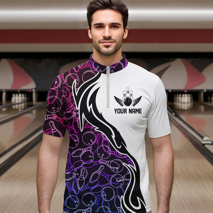 Blue Purple Pink Bowling Pattern Custom Bowling Team Men Quarter-Zip Shirts, Bowling League Shirt IPHW8869