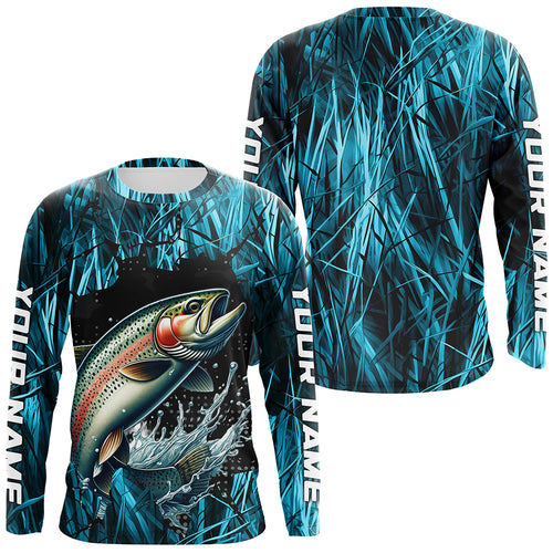 Rainbow Trout Fishing Custom Long Sleeve Tournament Shirts, Trout Fly Fishing Jerseys | Blue Camo IPHW6360
