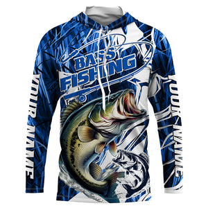 Personalized Largemouth Bass Long Sleeve Performance Fishing Shirts, Bass Fishing Jersey | Blue Camo IPHW6364