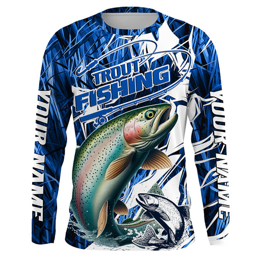 Custom Rainbow Trout Long Sleeve Performance Fishing Shirts, Trout Fly Fishing Jerseys | Blue Camo IPHW6365