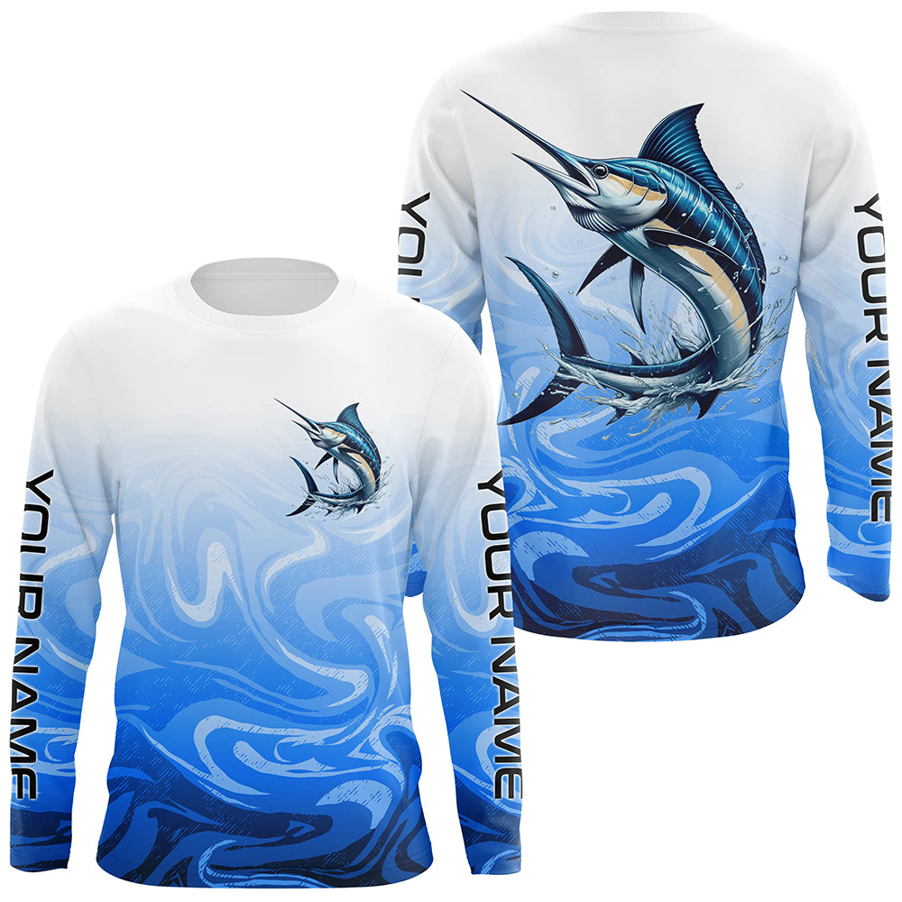 Marlin Fishing Custom Long Sleeve Performance Shirts, Marlin Saltwater Fishing Apparel | Blue Camo IPHW6369