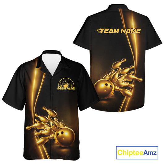 Front and back view button-up bowling shirt mockup, black base with golden bowling ball and pins graphic, elegant studio apparel presentation