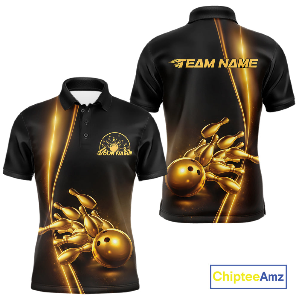 Front and back view mens bowling polo shirt mockup, black base with golden bowling ball and pins graphic, studio product presentation