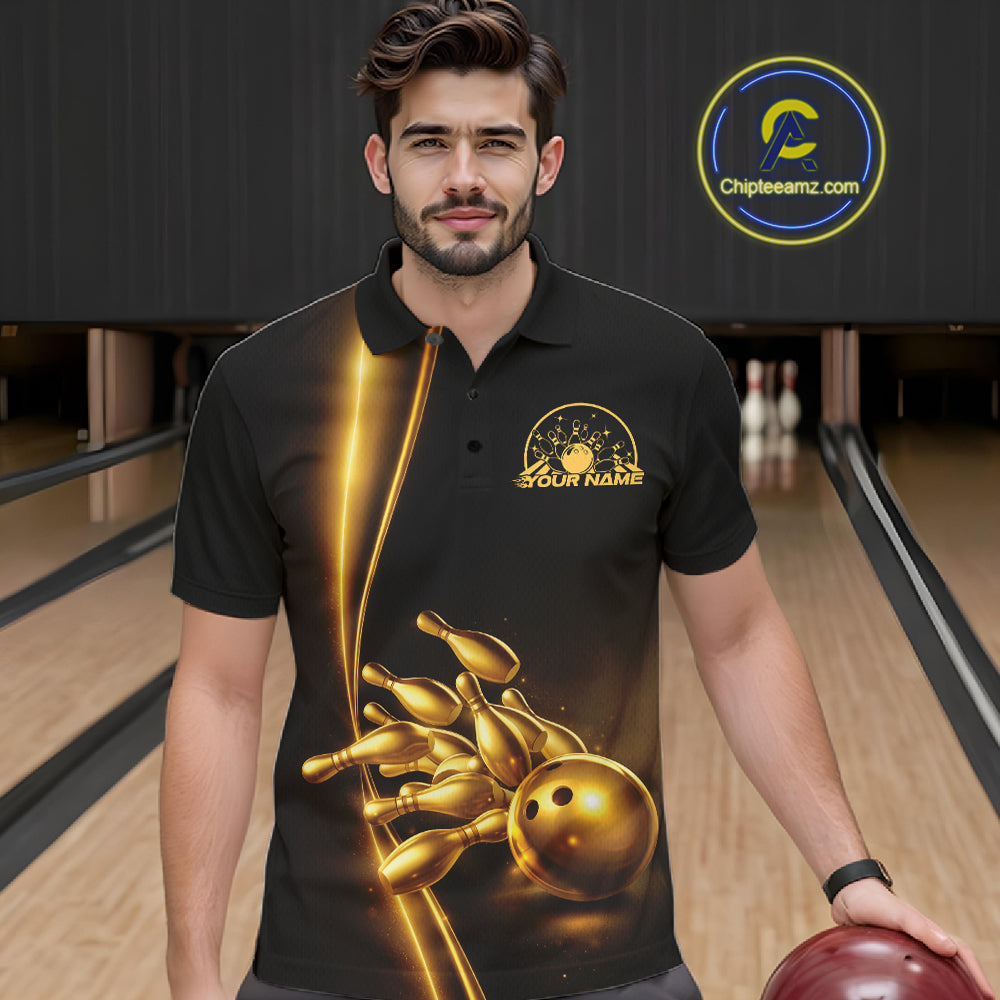 In bowling lane front view male model wearing bowling polo shirt, black base with golden bowling ball and pins graphic, energetic sports lighting