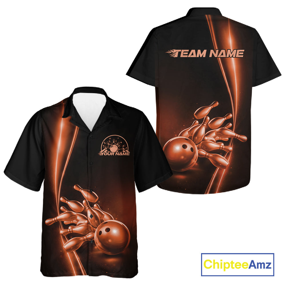 Front and back view button-up bowling shirt mockup, black base with orange bowling ball and pins graphic, minimal studio apparel presentation
