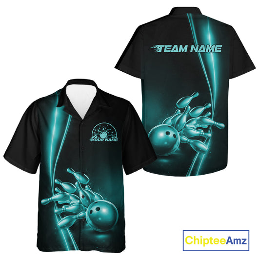 Front and back view button-up bowling shirt mockup, black base featuring turquoise blue bowling ball and pins graphic, clean studio presentation