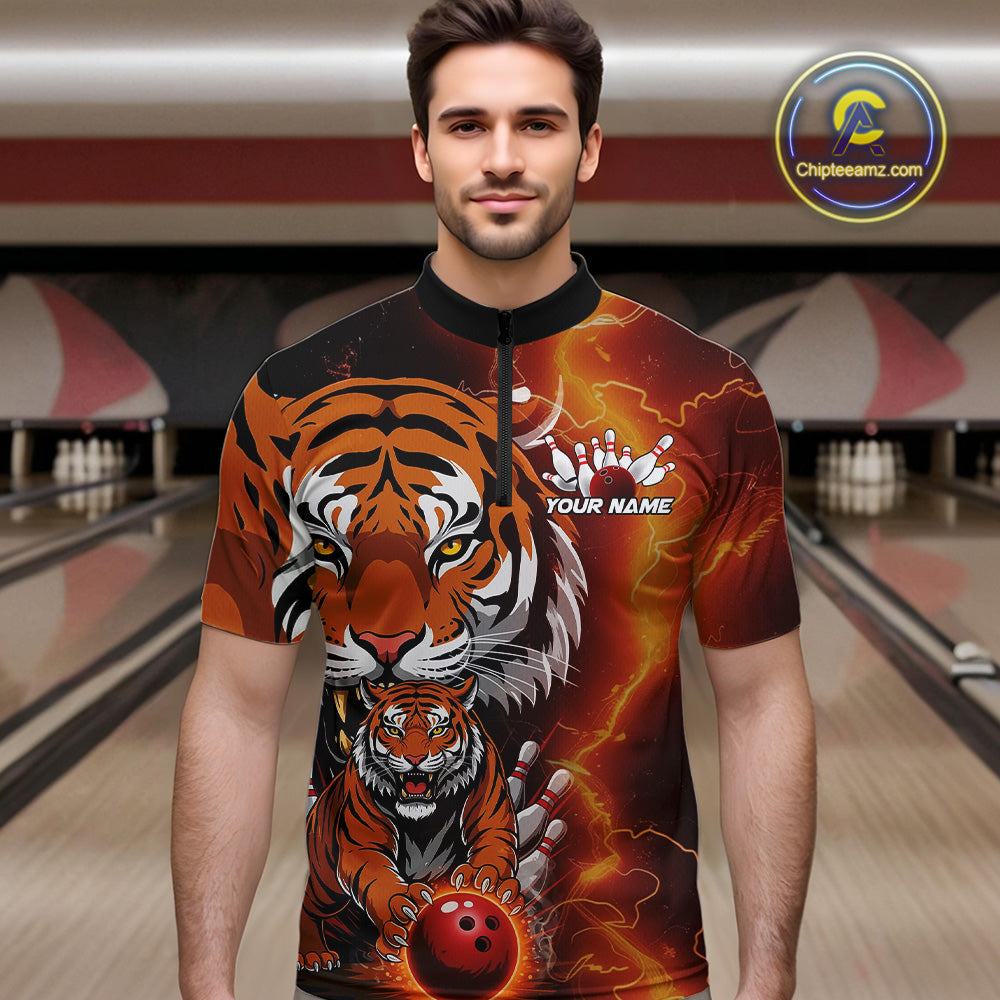 Custom Thunder Lightning Tiger Bowling Quarter-Zip Shirts For Men, Bowling Team Outfit IPHW9093
