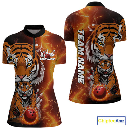 Custom Thunder Lightning Tiger Bowling Quarter-Zip Shirts For Women, Bowling Team Outfit IPHW9093