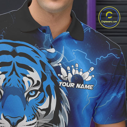 Custom Blue Thunder Lightning Tiger Bowling Polo Shirts For Men, Bowling Team Outfit IPHW9094