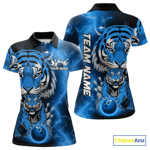 Custom Blue Thunder Lightning Tiger Bowling Polo Shirts For Women, Bowling Team Outfit IPHW9094