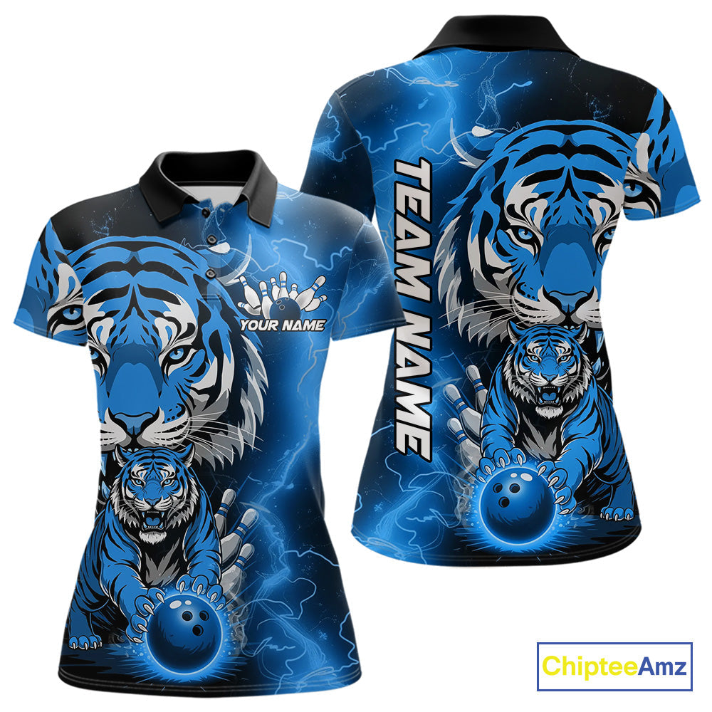 Custom Blue Thunder Lightning Tiger Bowling Polo Shirts For Women, Bowling Team Outfit IPHW9094