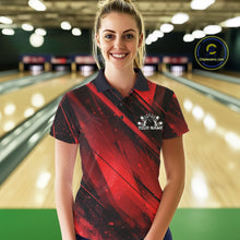 Load image into Gallery viewer, Woman in a red and black bowling shirt with a logo in a bowling alley.