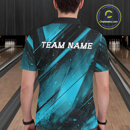 Person wearing a blue and black sports jersey with 'TEAM NAME' text at a bowling alley.
