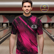 Load image into Gallery viewer, Man wearing a pink and black bowling shirt with a bowling alley in the background
